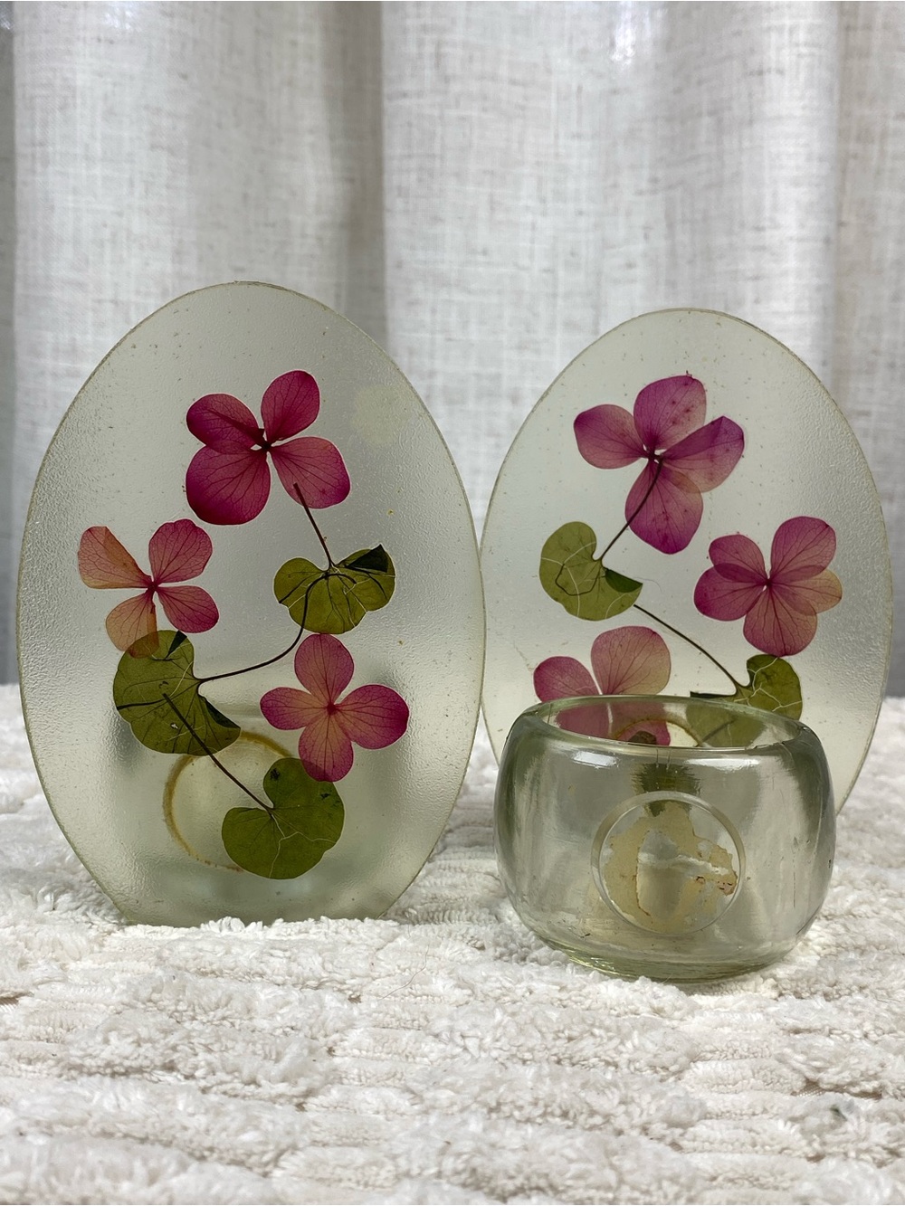 Vintage Pressed Pink Hydrangea Flower Glass Votive Candle Holders Set of 2